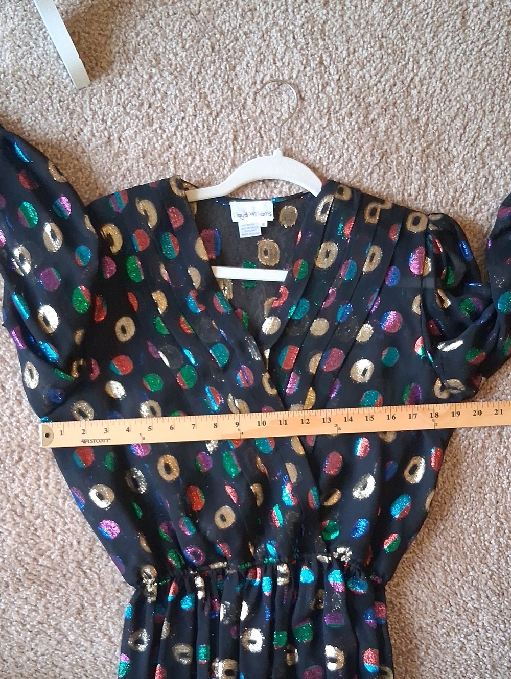 Vintage Lloyd Williams 1980s Metallic Bling Multi-Color Wrap-Style Peplum Blouse - Picture 8 of 9